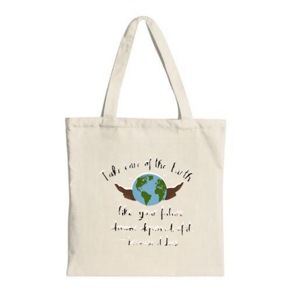 Cream Canvas Tote Bag with Globe Graphic & Hands " I Care for the Earth " Text - Eco-Friendly Reusable for Shopping & Travel