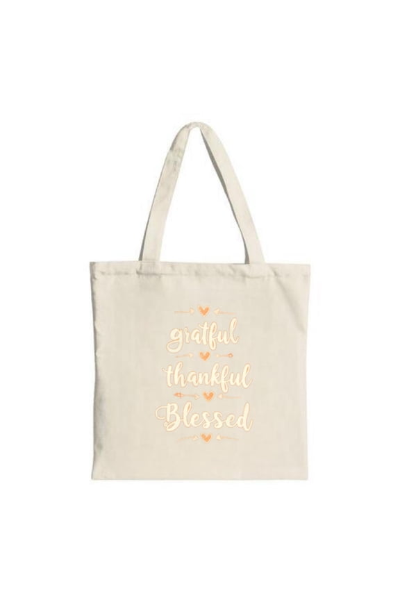 Cream Canvas Tote Bag with " Grateful Thankful Blessed " in Orange Cursive Surrounded by Hearts & Arrows - Perfect for Shopping & Travel