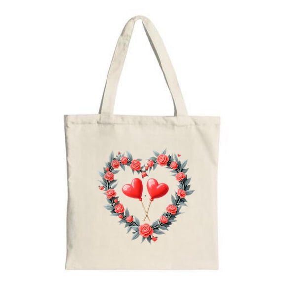 Cream Canvas Tote Bag with Heart-Shaped Red Roses & Balloons Design - Perfect for Shopping Travel & Parties Stylish & Reusable