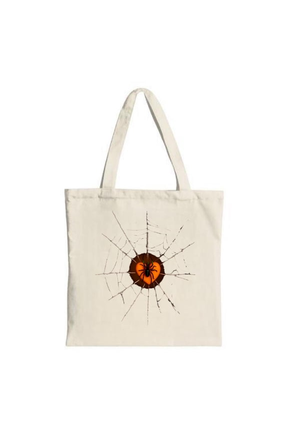Cream Canvas Tote Bag with Intricate Orange Spider and Dark Brown Web Design - Perfect for Shopping Travel and Parties