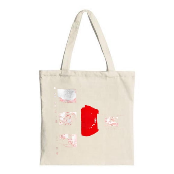 Cream Canvas Tote Bag with Red Abstract Center Design Japanese Text and Illustrations - Perfect for Shopping Travel and Parties