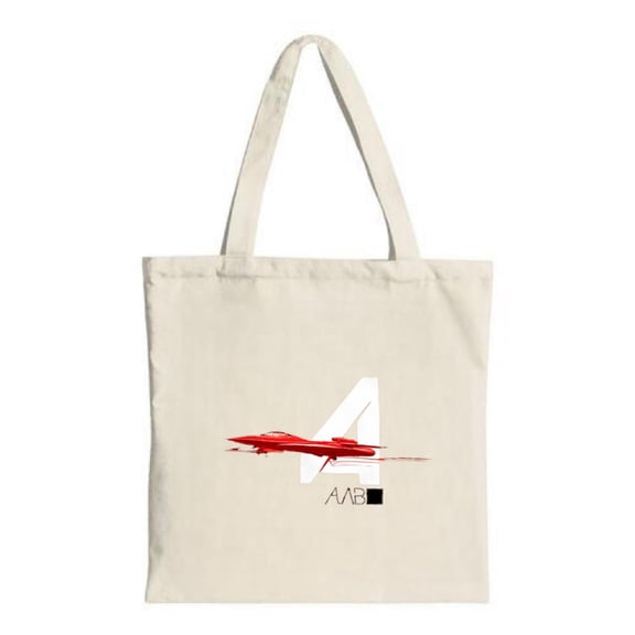 Cream Canvas Tote Bag with Red Aircraft Design & White ' 4 ' Black Square with ' АВЭ ' - Perfect for Shopping Travel & Parties