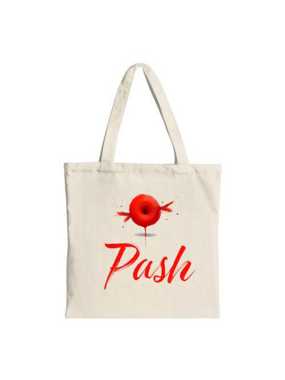 Cream Canvas Tote Bag with Red Candy Graphic & ' Push ' in Cursive - Stylish Multifunctional Reusable Bag for Shopping & Travel