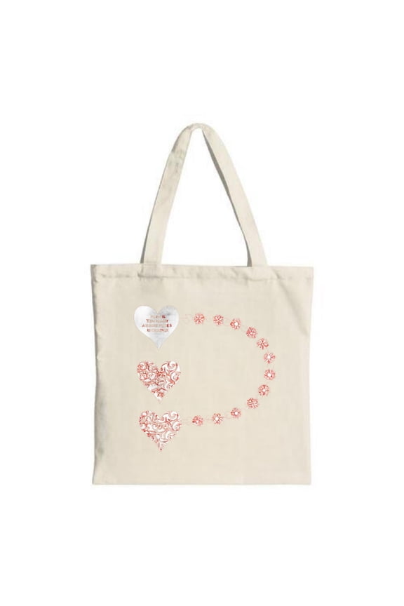Cream Canvas Tote Bag with Red Floral Circular Patterns & White Heart Design Perfect for Shopping Travel & Parties - Reusable & Stylish