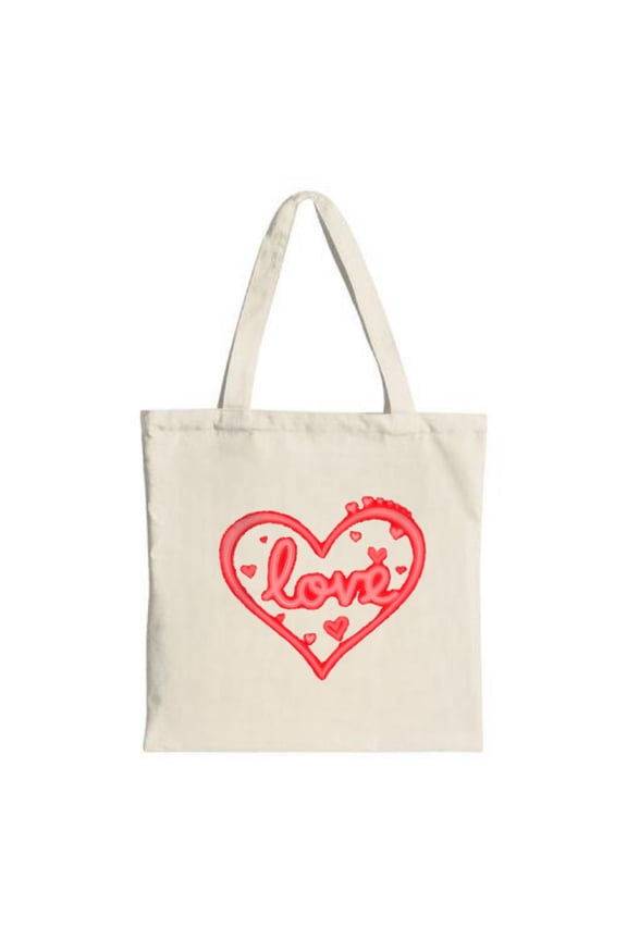Cream Canvas Tote Bag with Red Heart Design & Cursive ' Love ' - Perfect for Shopping Travel & Parties Stylish & Reusable