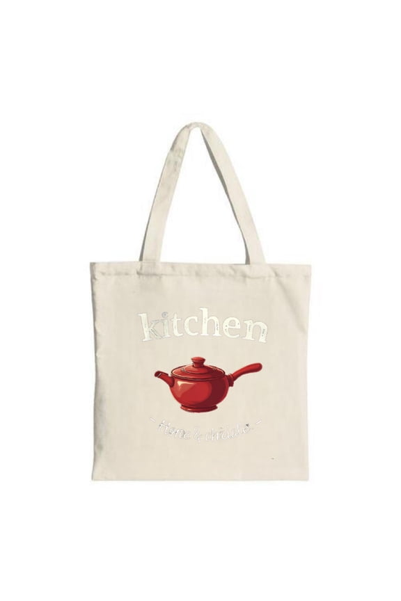 Cream Canvas Tote Bag with Red Teapot Design ' Kitchen ' in White Above Perfect for Shopping Travel and Parties