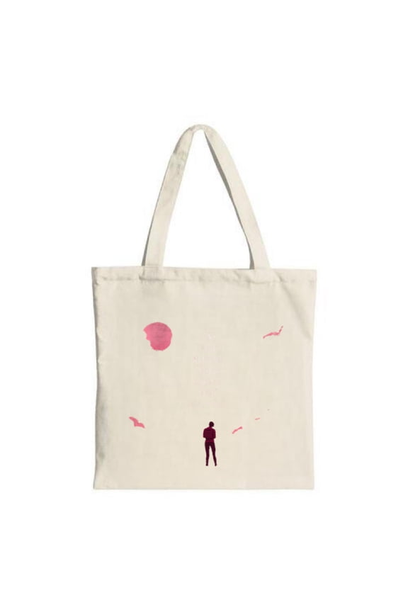 Cream Canvas Tote Bag with Silhouette Design: Person gazing at a pink circle accented by pink bird - like shapes Perfect for shopping and travel