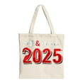 thumbnail image 1 of Cream Canvas Tote Bag with " Soft & Delicate 2025 " Text Bold Red & White Design Flower Graphic Perfect for Shopping Travel & Parties, 1 of 6