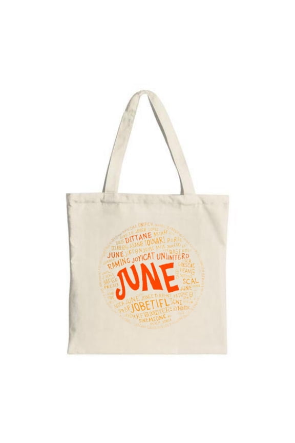 Cream Canvas Tote Bag with Vibrant Orange Circular ' JUNE ' Design Perfect for Shopping Travel and Parties - Stylish & Reusable