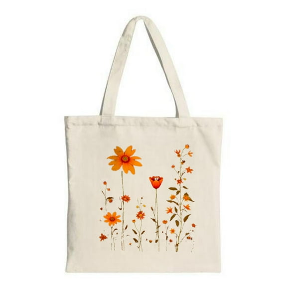 Cream Canvas Tote Bag with Vibrant Orange and Red Flower Illustration Perfect for Shopping Travel and Parties - Stylish & Reusable