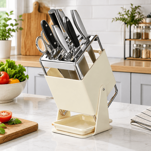 Cream Carbon Steel Kitchen Knife Holder, 30 Rotating Universal Knife Block with 9 Slots, Safe Slant Insert & Drip Tray for Multiple Knives