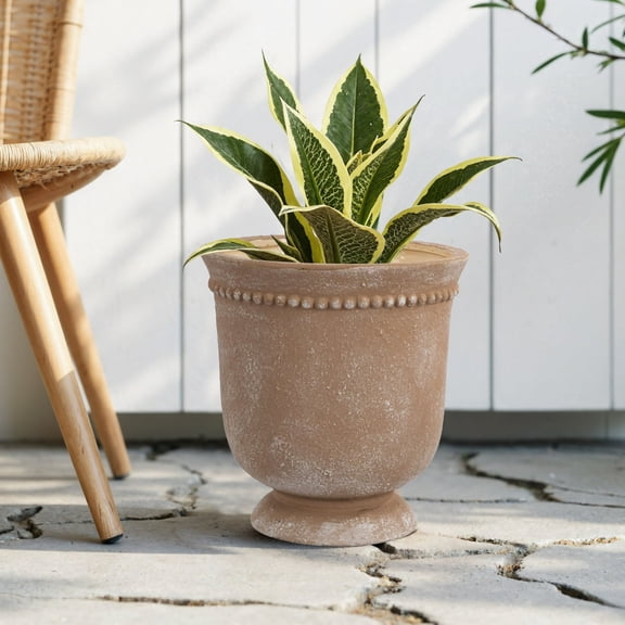 Cream Ceramic Urn Planter Pot with Elegant Dot Pattern, urn planters for outdoor plants with Drainage Hole & Tray, Decorative Container for Succulents, Cactus, Snake Plants, Home Office Decor