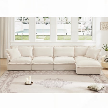 Cream Chenille Deep Seat Sofa Couch for Living Room, Apartment - 4 Seater with Elegant Cascading Hem & Detailing