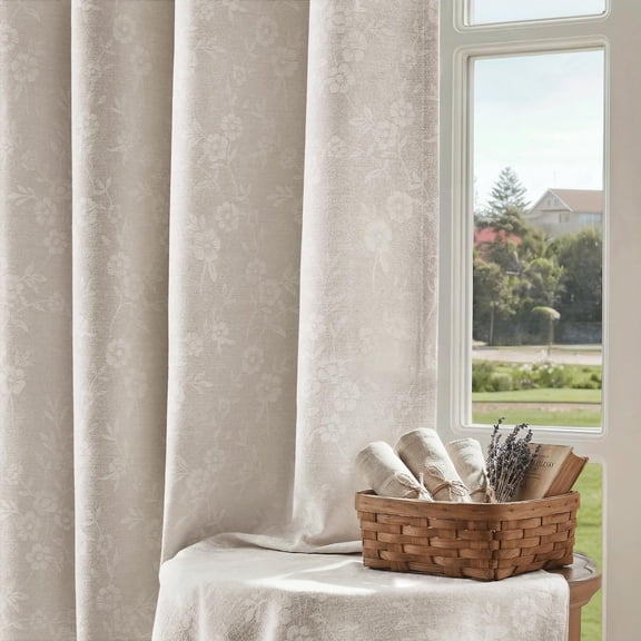 Cream Chenille Flower Jacquard Blackout Window Drapes 52"W x 96"L (Pack of 2) for Living Room Bedroom