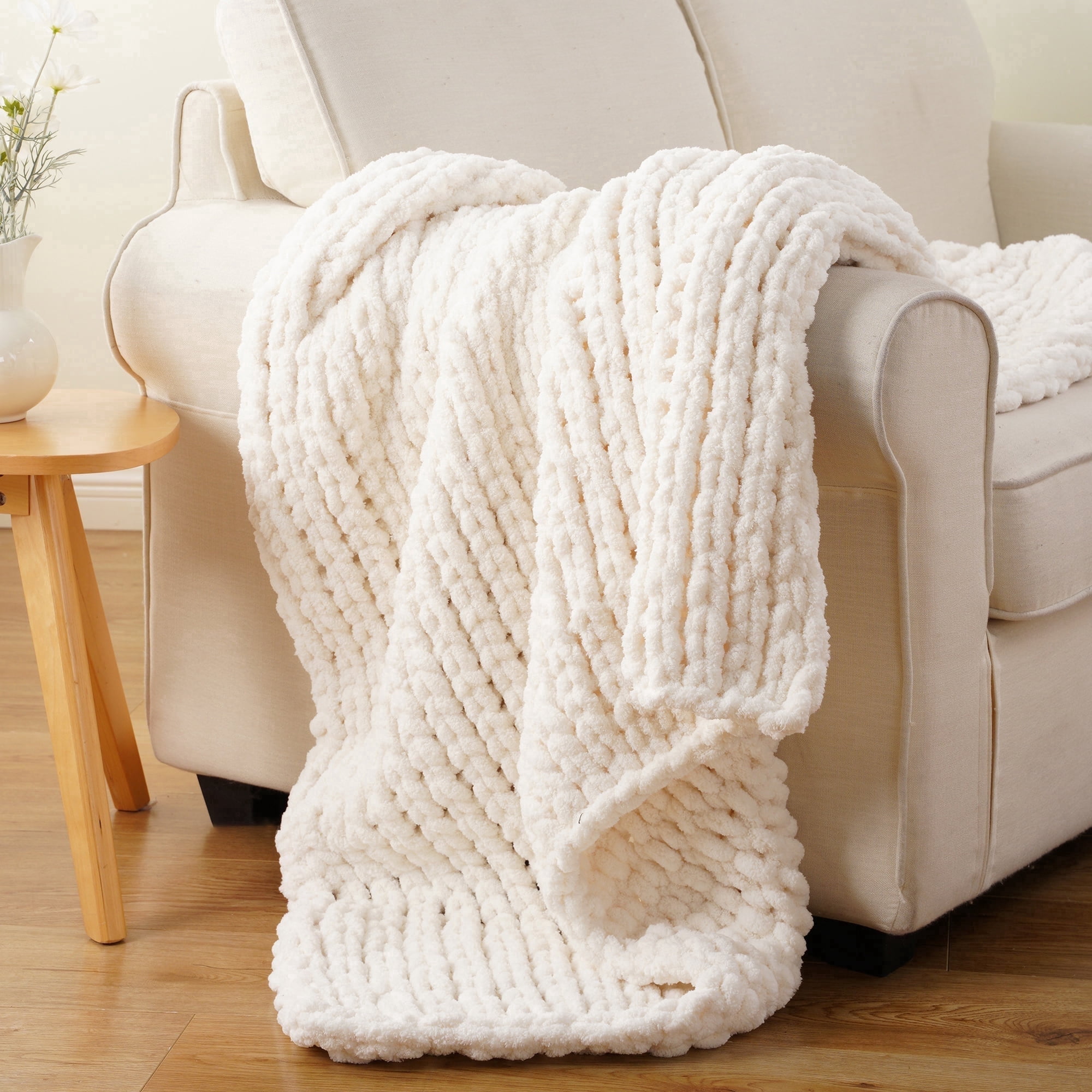 Battilo Cream Chunky Knit Throw Blanket,White Thick Chenille Throw Blankets for Living Room,50"x60"
