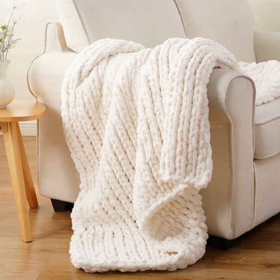 Battilo Cream Chunky Knit Throw Blanket,White Thick Chenille Throw Blankets for Living Room,50"x60"