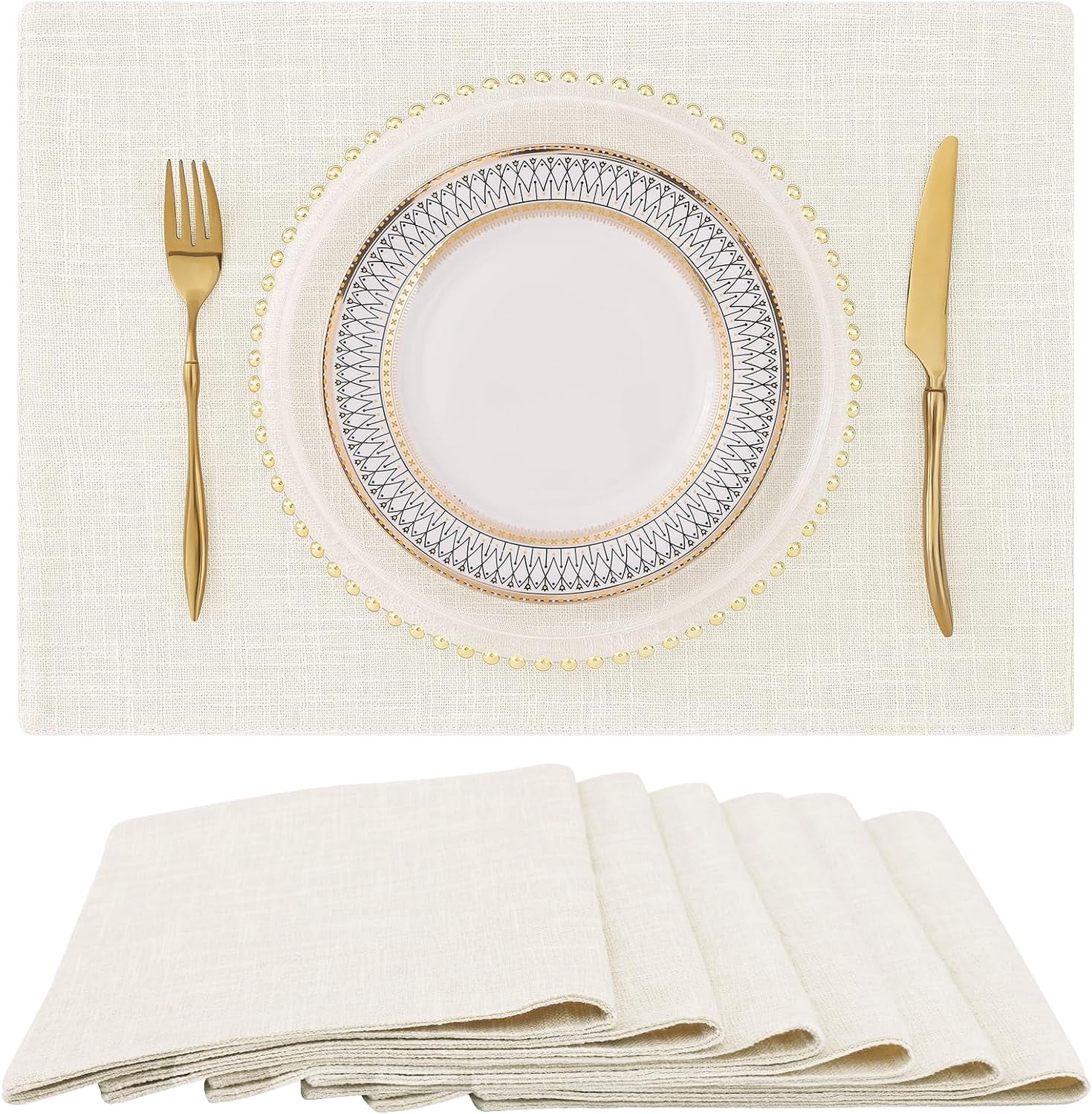 Cream Cloth Placemats Set of 6 Cotton Linen Blend Washable Farmhouse Dining Table Mats for Indoors & Outdoors, Easy to Clean, 13 x 19 Inch