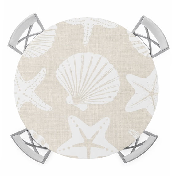 Cream Coastal Round Table Cover, Starfish Shell Ocean NauticalV Waterproof Fitted Tablecloths for 55"-60" Tables, Washable Picnic Table Cover for Camping Dining Indoor Outdoor