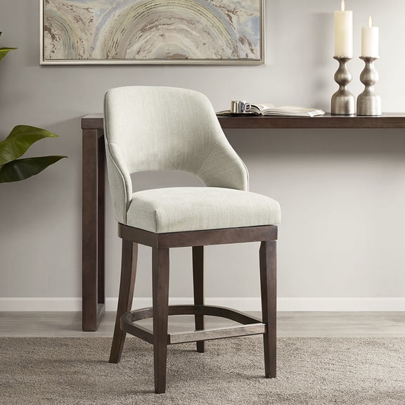 Cream-Colored Swivel Stool for Dining | Open Back Design and Solid Wood Legs | Polyester Upholstery and Silver Nails | Solves Footrest Appearance Problem