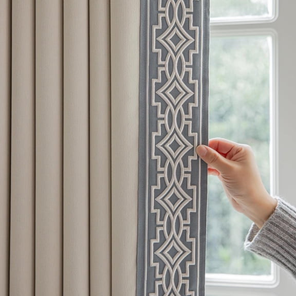 Cream Colour Cotton Blend Curtain Panels with Trim Design, Pinch Pleat Curtains, Room Darking Curtains for Doors Rooms Windows (52W x 108L) 2Panels