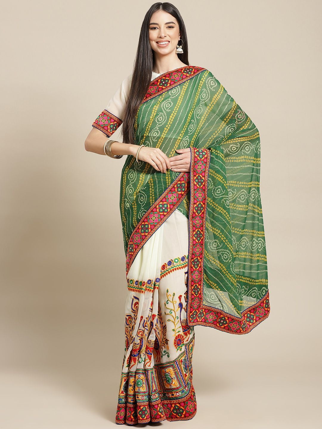 Women Green Georgette Bandhani Print Work With Kutchi Patch-Work Navaratri Gown