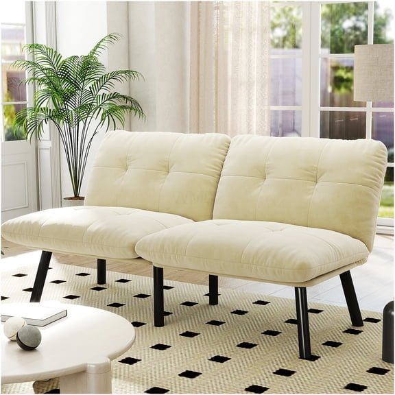 Cream Convertible Modern Sofa Bed, 2-Seater Adjustable Folding Sleeper with Velvet Upholstery