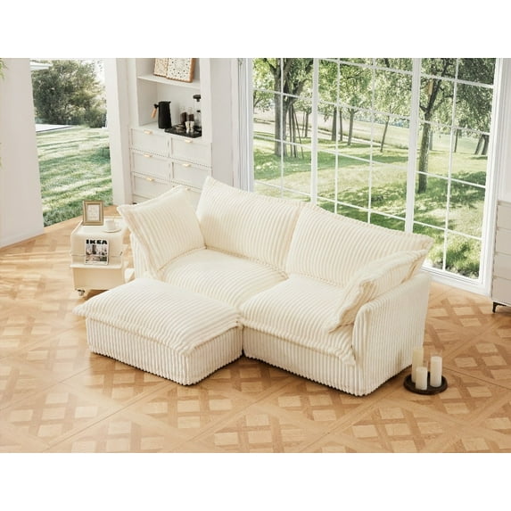 Modern Corduroy 2-Seater Sectional Sofa with Convertible Ottoman and Soft Pillows