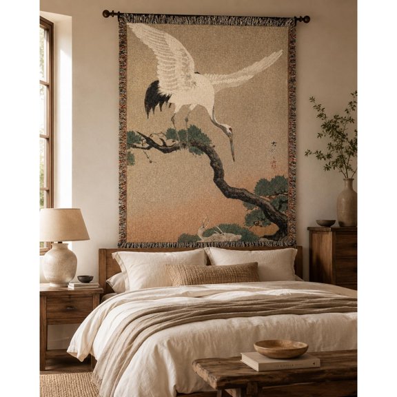 Cream Crane and Pine Branch on Beige Woven Throw Blanket, 100% Cotton, Fringed Edges, Reading Nook Decor
