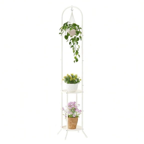 Cream Cream 2-Tier Metal Plant Stand With Hanging Hook For Indoor Outdoor Use