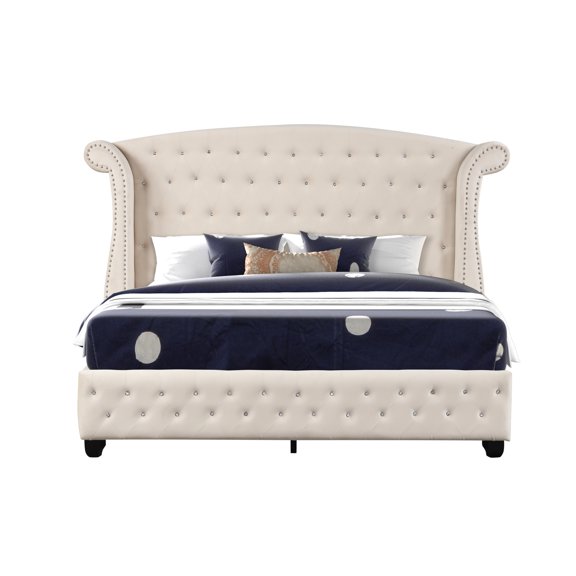 Cream Crystal Queen Bed, Fashionable Bedroom Allure Color Bed With Flair, Modern