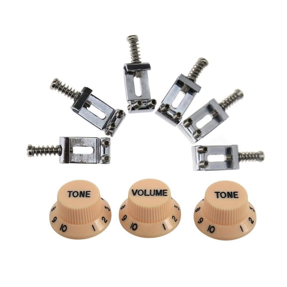 Cream Dark Blue Font 1 Volume & 2 Tone Guitar Control Knobs for & 6x Chrome Tremolo Bridge Saddles