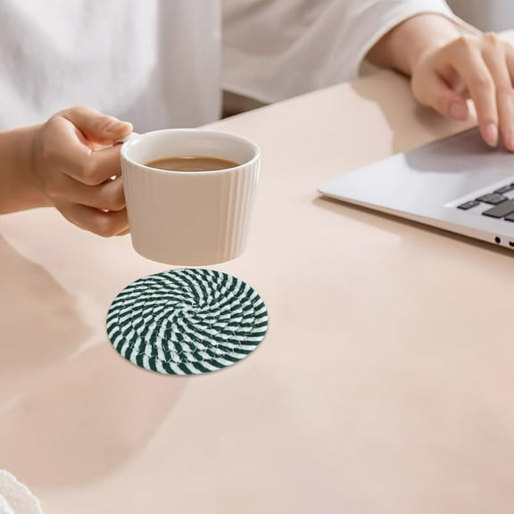 Cream & Dark Green Striped Braided Placemat, 4.33 Inch Round Cotton Rope Woven Table Mat, Heat-Resistant, Non-Slip Boho Farmhouse Coaster & Trivet, Decorative Kitchen Hot Pad, Durable, 1 Piece