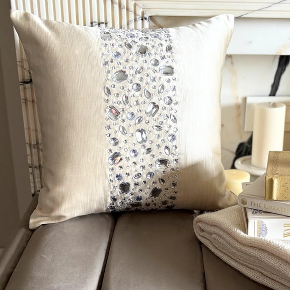 Cream Decorative Throw Pillow Covers 16"x16" | Modern Satin Cushion Cover Striped | Crystals Embroidery Pillowcases for Couch, Sofa Bedroom & Living Room, Modern Home Décor - Crystal Glitter