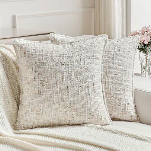 Cream Decorative Throw Pillow Covers 20x20 Inch Set of 2,Soft Chenille Tweed Textured Cushion Case,Modern Home Decor for Couch Bed Living Room