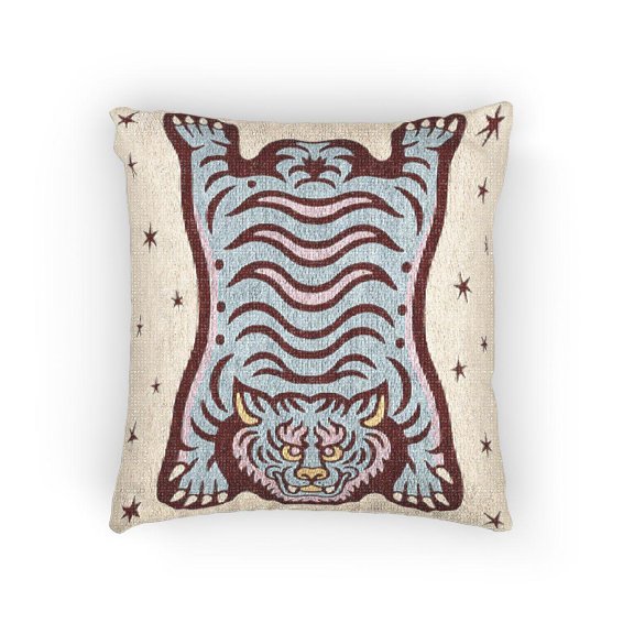 Cream, Deep Red and Pale Blue Tiger Hide with Stars Woven Pillow, Cotton-Polyester Shell, Folk Art Style