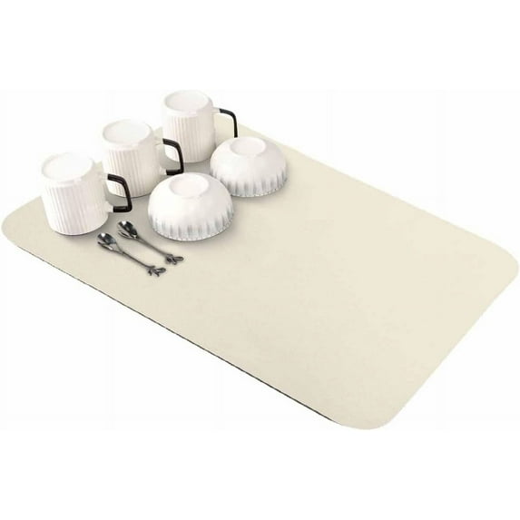 Cream Dish Drying Mat for Kitchen Counter, Super Absorbent Quick Dry Coffee Bar Mat Pad Thin Diatomaceous Sink Mat Non Slip Dish Drainer Mat 16''''x18'''' Pure Cream Solid Color Simple Minimalism Art