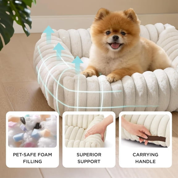 Cream Dog Bed for Small/Medium Dogs – Furry Washable Orthopedic Rectangle Pet Bed, Corduroy Fleece with Removable Zipper Cover, Cozy Puppy Sleep