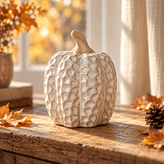 Cream Embossed Ceramic Pumpkin Set, 2 Sizes Distressed Textured Pumpkin Sculptures, Rustic Seasonal Table Centerpiece Ornament for Fall Thanksgiving Halloween Indoor Home Tabletop Display