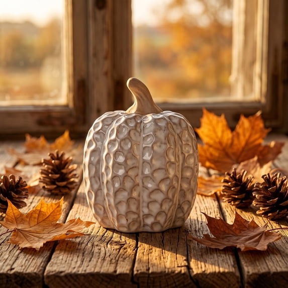 Cream Embossed Ceramic Pumpkin Set - Two Textured Decorative Pumpkins for Elegant Table Centerpieces, Distressed Finish for Warm Home Décor, Perfect for Autumn and Fall-Themed Displays