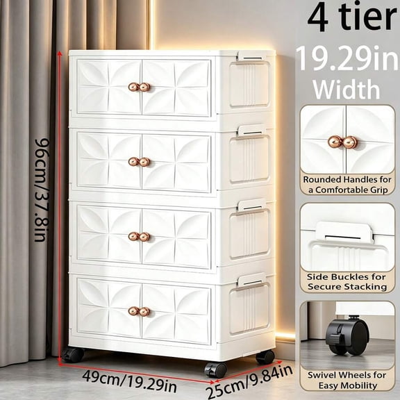 Cream Embossed Double Door Foldable Lidded Storage Box, Tool-Free Modular Stackable Organizer With Swivel Wheels, Plastic Storage Cabinet, Stylish Multi-Functional Bin For Bedroom, Living Room