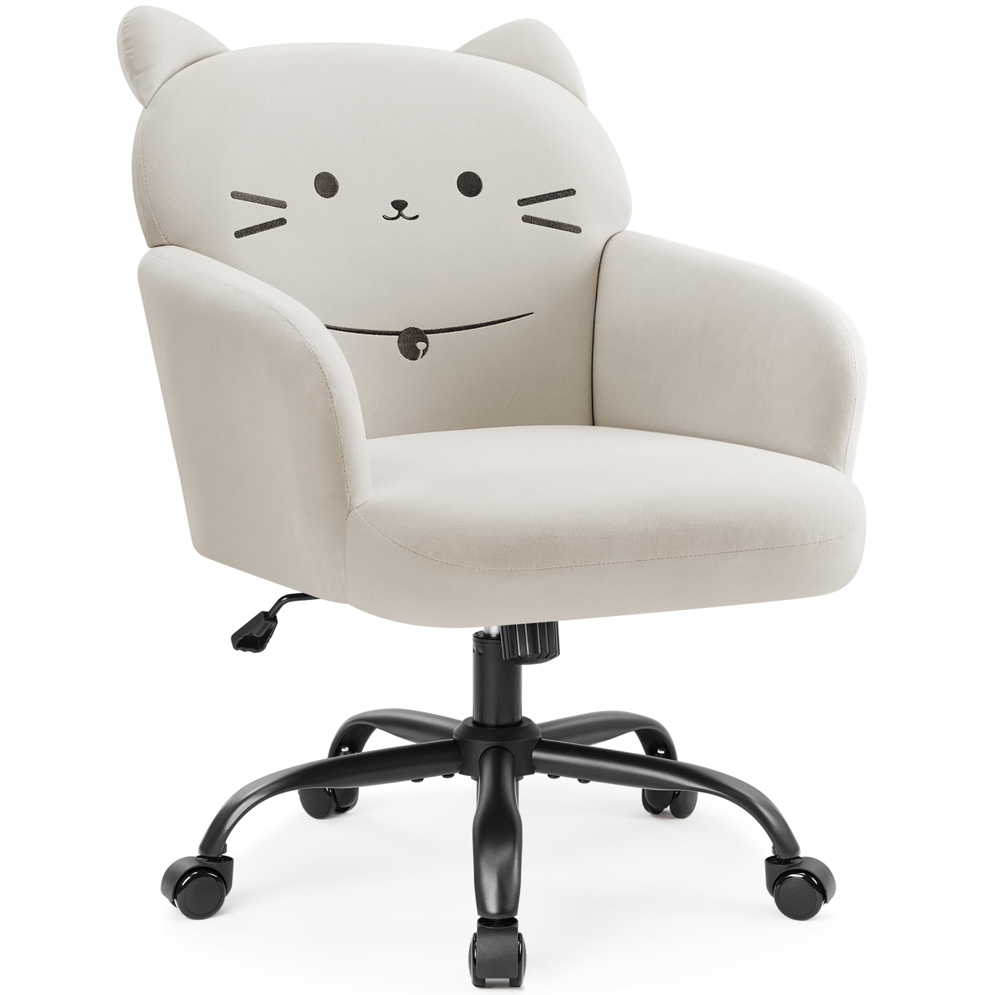 Cream Ergonomic Office Chair for Women  Cute Pet Cat Themed, Velvet Upholstered, Wide Seat, Tufted Desk Chair for Bedroom Study