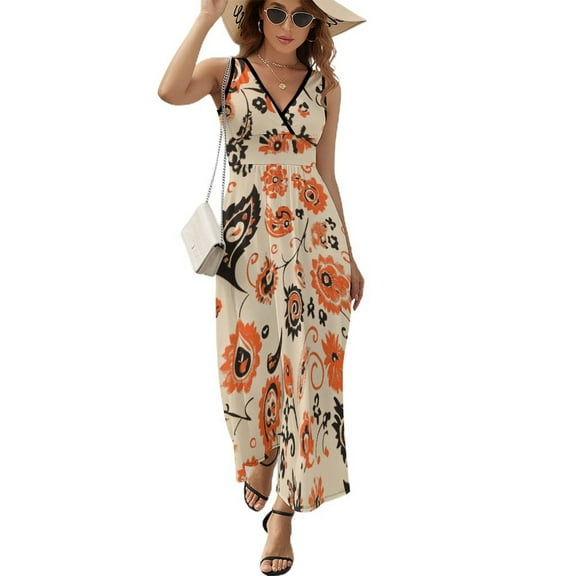 Cream Fabric Orange Black Floral Paisley Design Pattern Design Sleeveless Dress Summer Clothes for Women Women's Clothing 2025