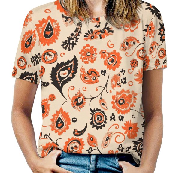 Cream Fabric Orange Black Floral Paisley Design Women's Short Sleeve Tops Casual Blouses T Shirt