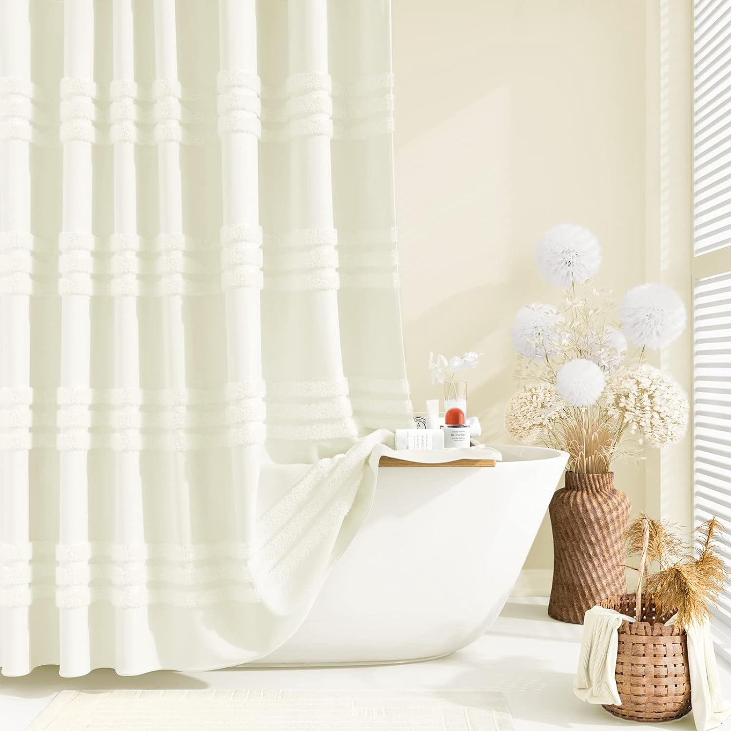 Cream Fabric Shower Curtain, Tufted Chenille Striped Textured Cloth ...