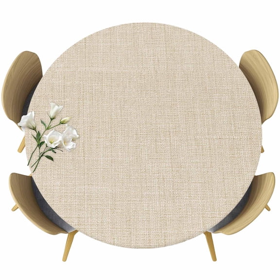 Cream Farmhouse Round Tablecloth 36-44 Inch Round Fitted Table Cloth with Elastic Edge, Vintage Country Monochrome Textured Waterproof Table Cover Protector for Outdoor Picnic Party Dining