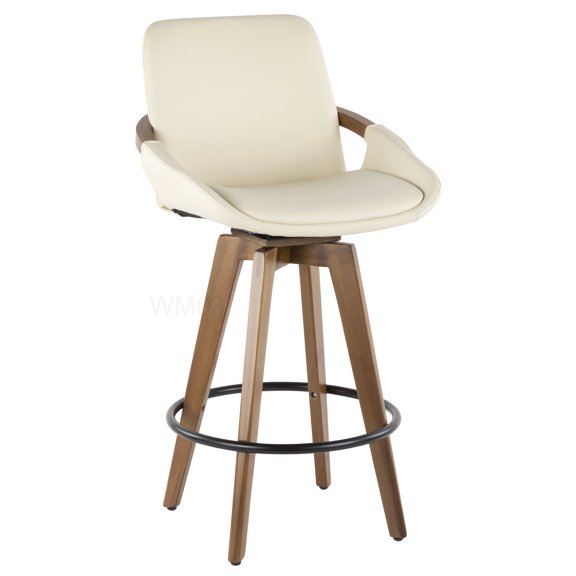 Cream Faux Leather Counter Stool, Walnut Wood Mid-Century Style Bar Stool with Armrests