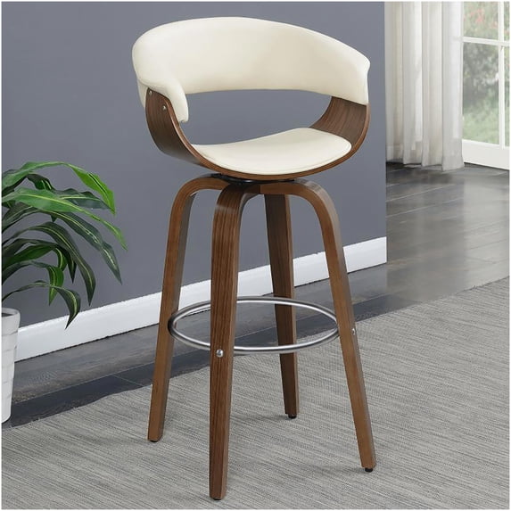 Cream Faux Leather Swivel Bar Stool with Walnut Wood Legs for Kitchen Island Counter