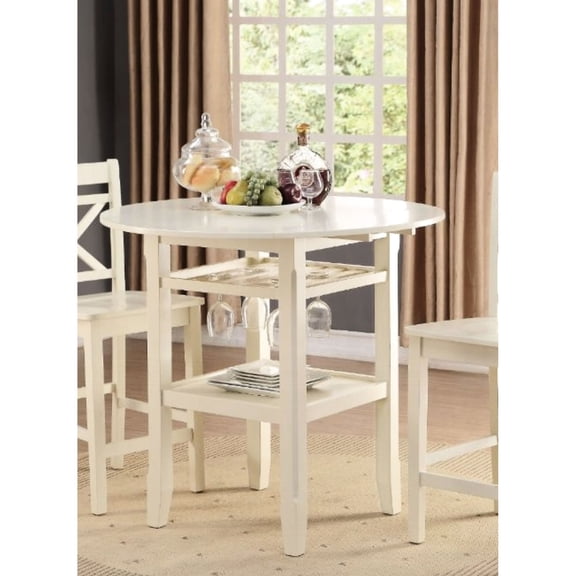 Cream Finish Round Leg Table with 2 Drop Leaves / Ideal for Dining with Stemware Storage