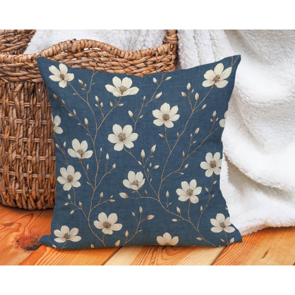 Cream Floral Branches on Slate Blue Polyester Velvet Throw Pillow Cover Only, No Insert