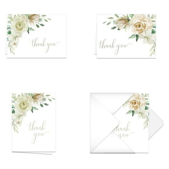 Cream Floral Thank You Notes / Set Of 24 Cards With White Envelopes / Elegant Watercolor Thank You Cards